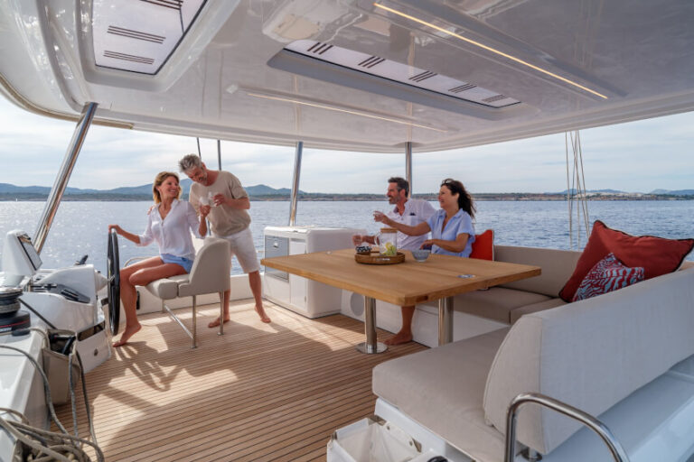 Catamaran Lagoon 55 sailing in Ibiza Bridge Deck
